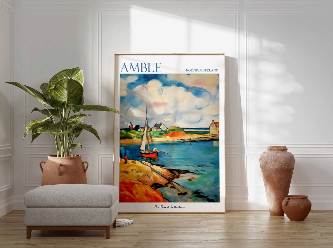 Amble Northumberland Coastal Harbor Sailboat Painting Travel Poster - Image 2