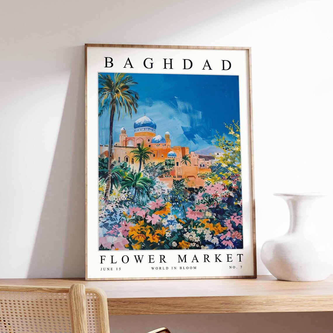 Baghdad Blue Dome Mosque Flower Hillside Palm Flower Market Poster