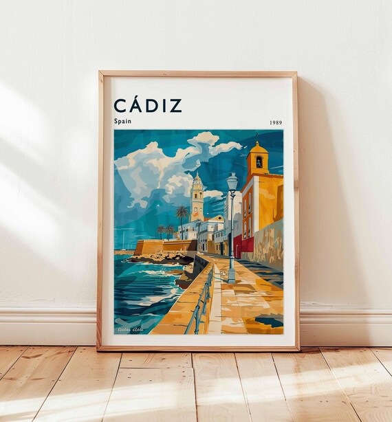 Cadiz Spain 1989 Poster with Seaside Promenade and Clock Tower