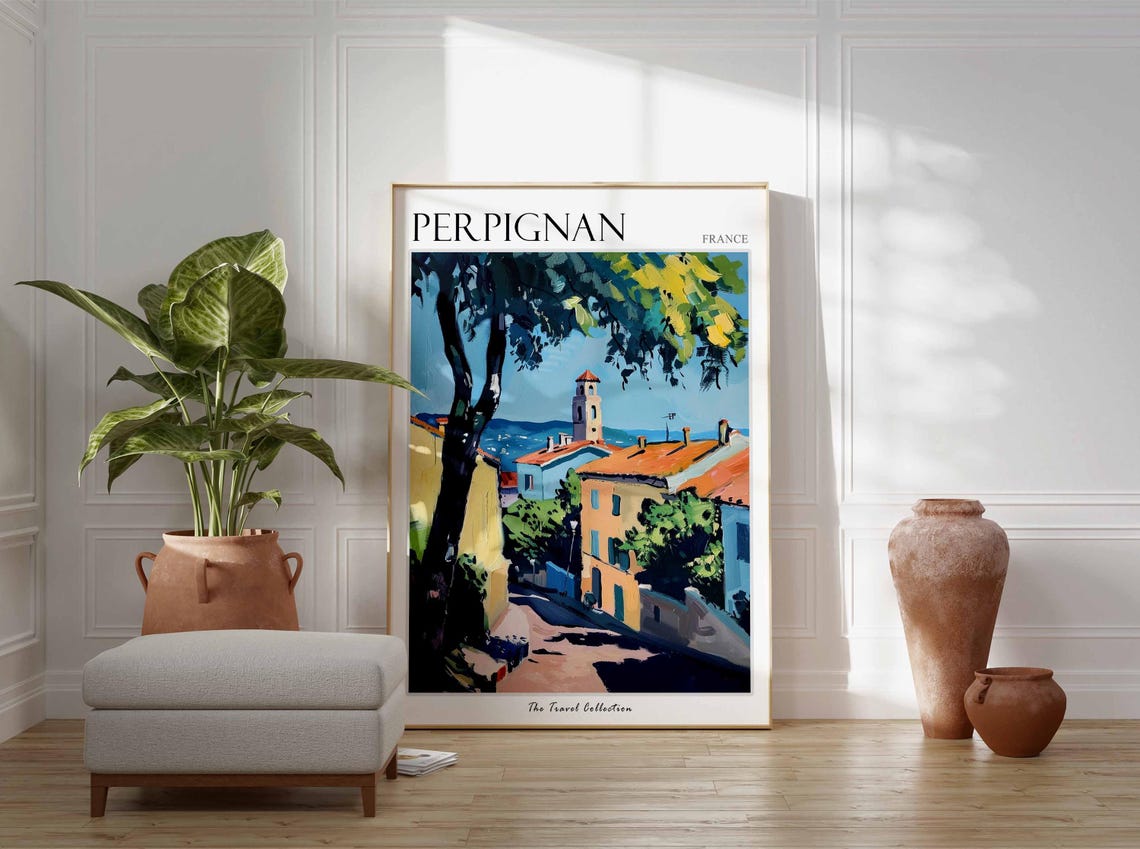 Perpignan France Mediterranean Street Bell Tower Scene Poster - Image 3