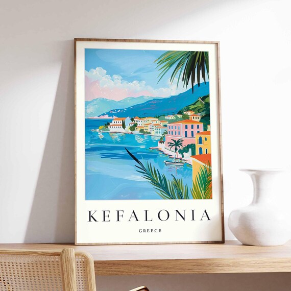 Kefalonia Greece Palm Coastline Village Ionian Sea Travel Art Poster