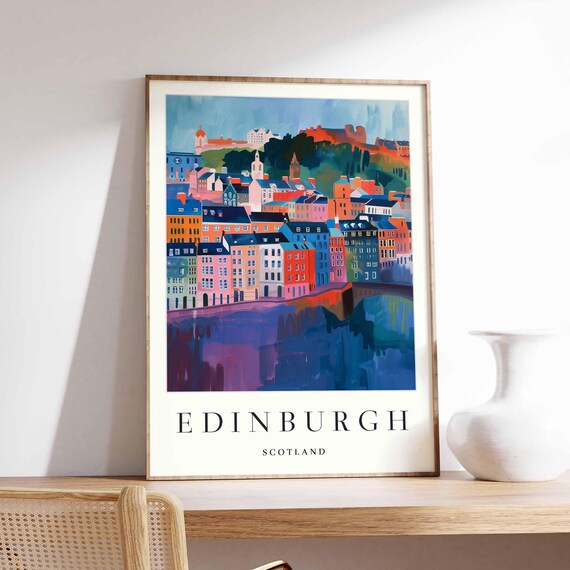 Edinburgh Scotland Waterfront Travel Poster Castle Hill Town
