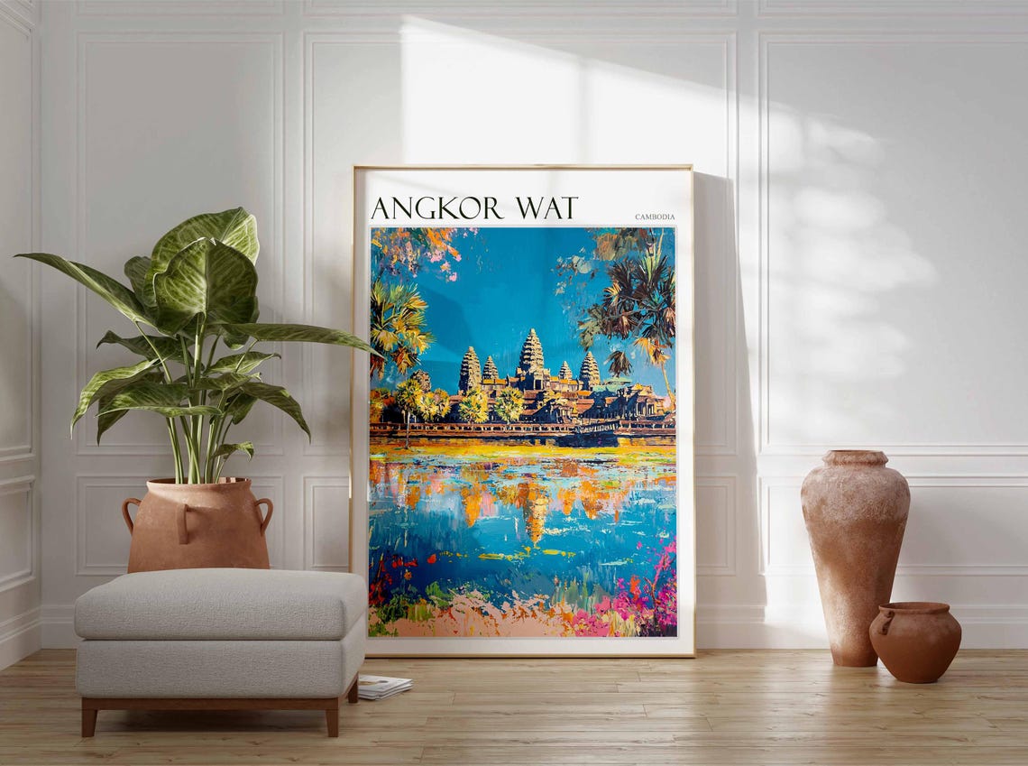 Angkor Wat Cambodia Sunset Reflection Palm Trees Travel Poster - Image 2