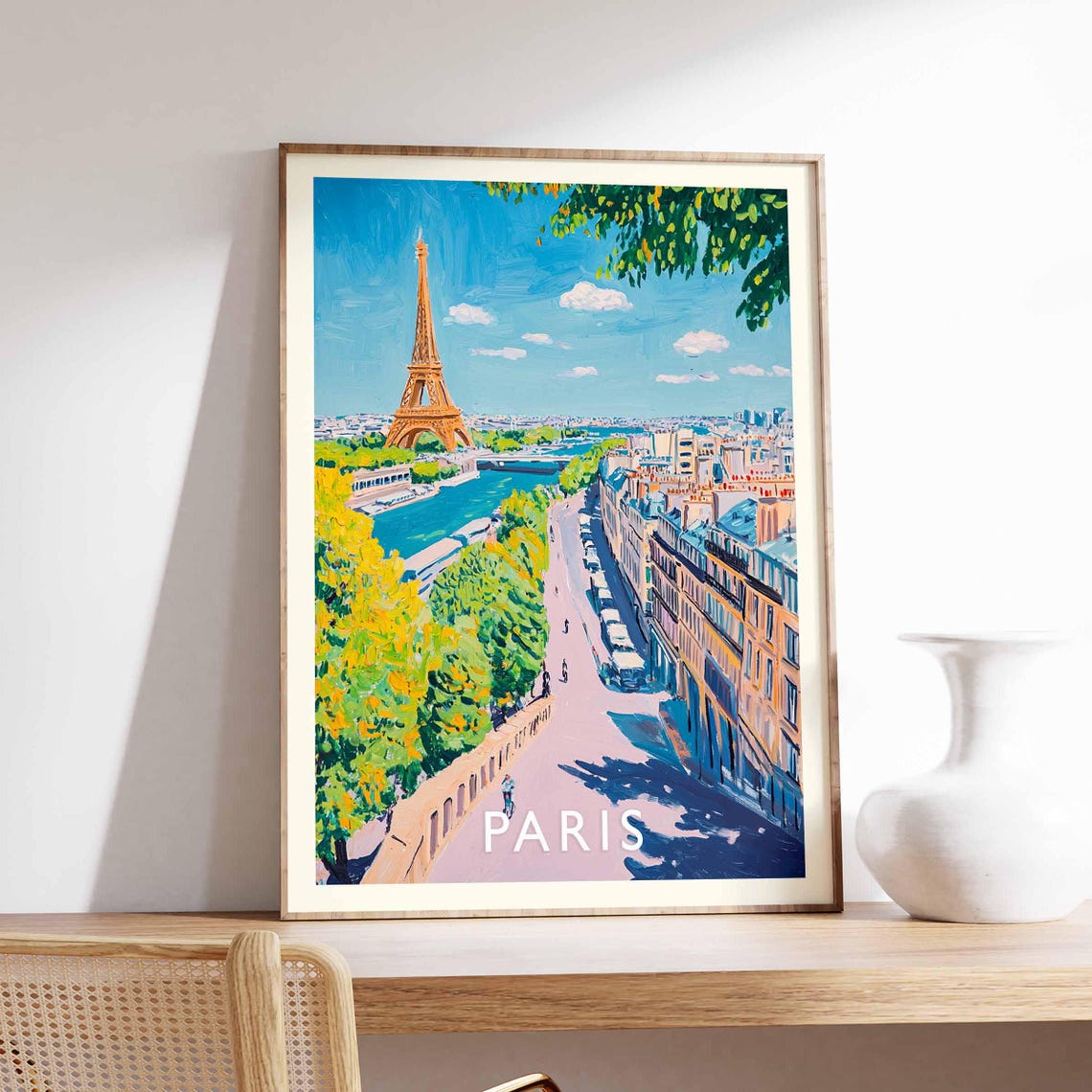 Paris France Eiffel Tower and Seine Quay Impressionist Travel Poster