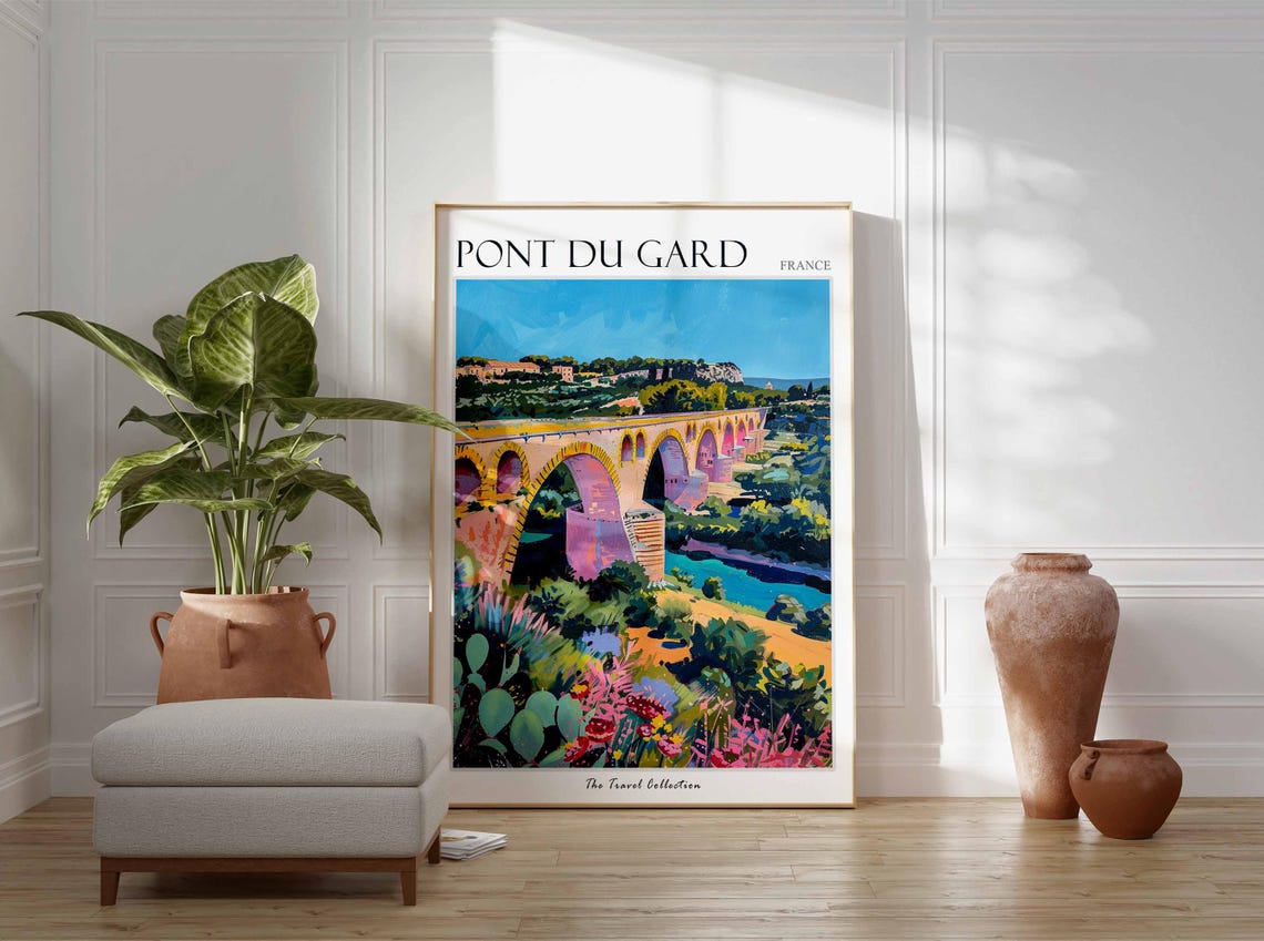Pont Du Gard Poster France Travel Print French Decor Europe Travel Poster European Wall Art Botanical Print Pont Du Gard Travel Poster - Image 3