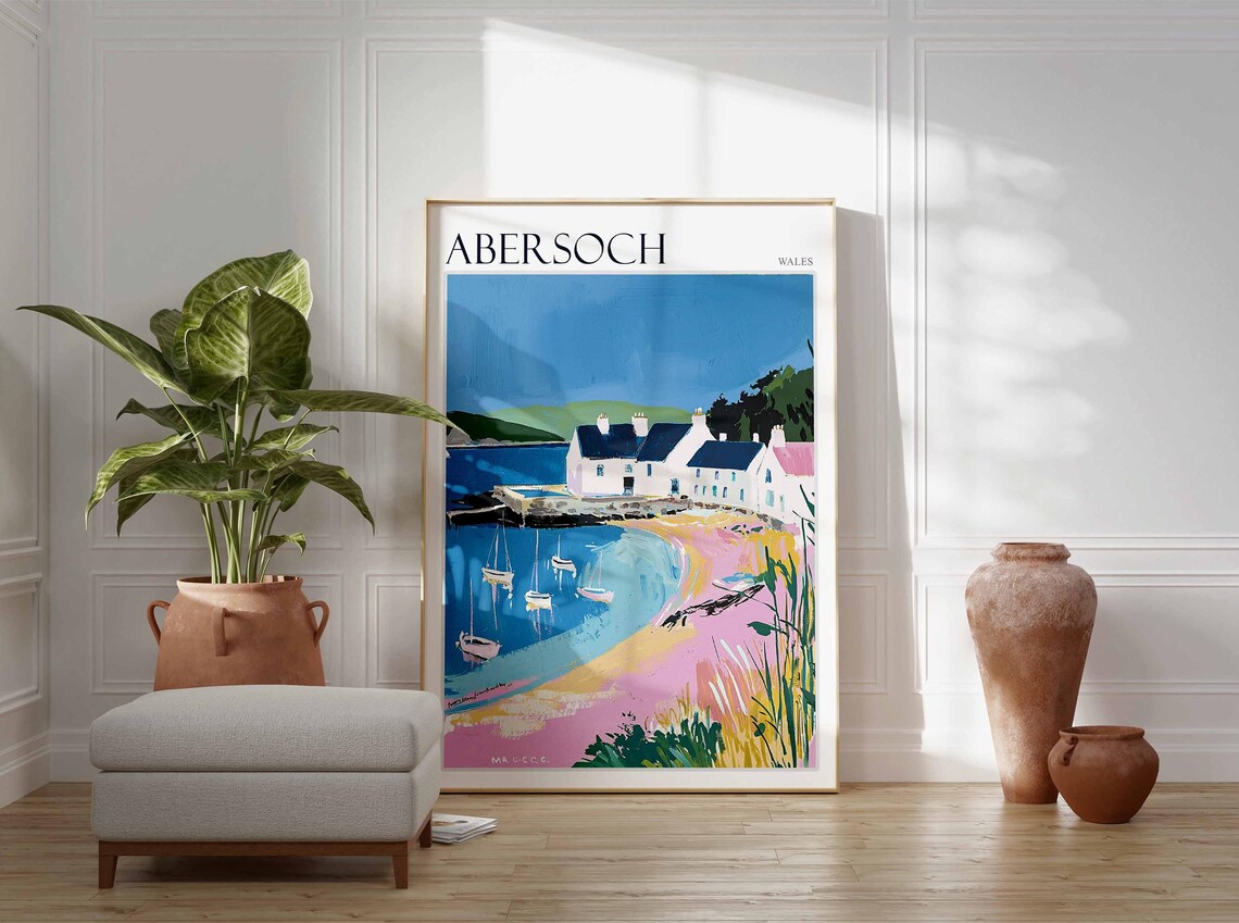 Abersoch Wales Sailboat Harbor Pink Sand Art Travel Collection Poster - Image 3
