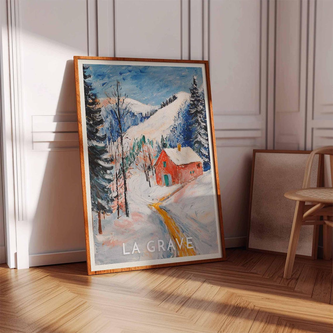 La Grave Red Cabin Poster on Snowy Path through Tall Pine Trees - Image 2