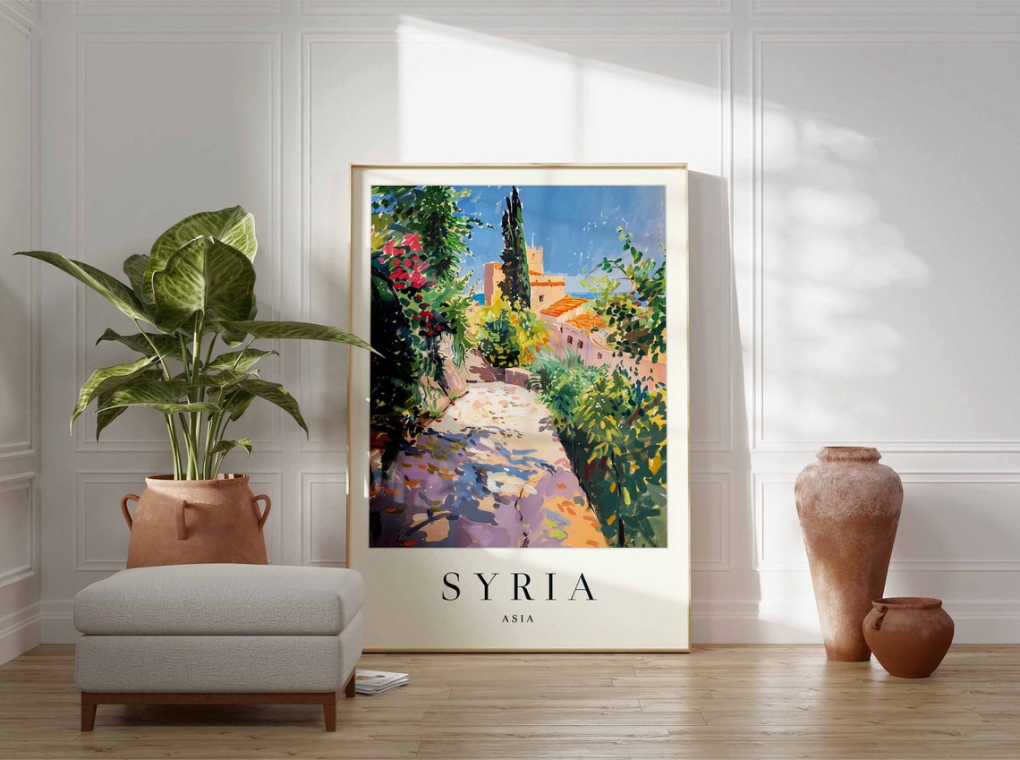 Syria Garden Path Cypress Hilltop Village Red Flowers Asia Poster - Image 3