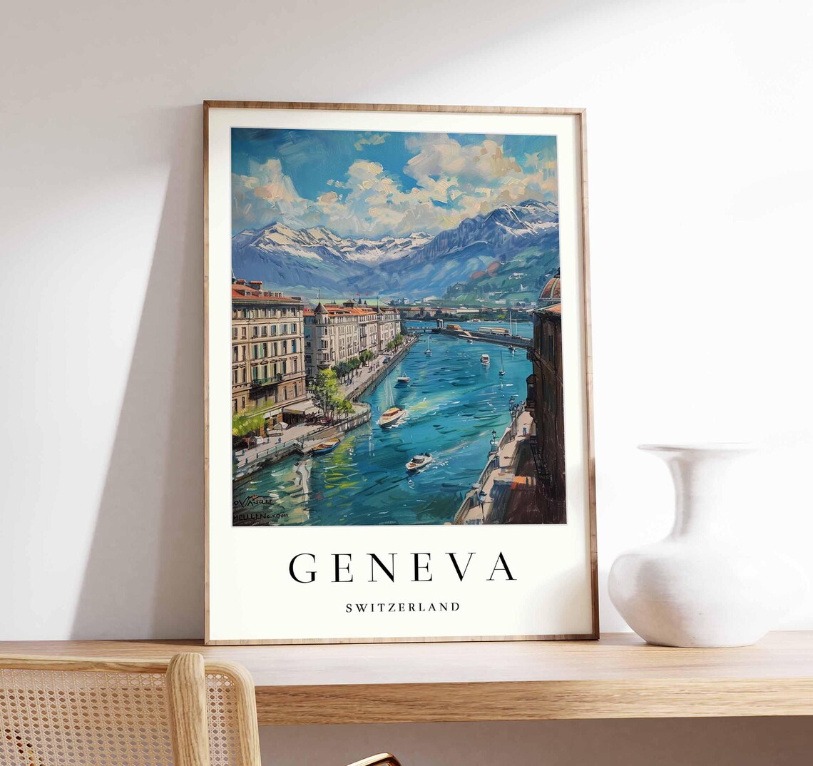 Geneva Switzerland Boats On The Lake Beneath Snowy Alps Poster