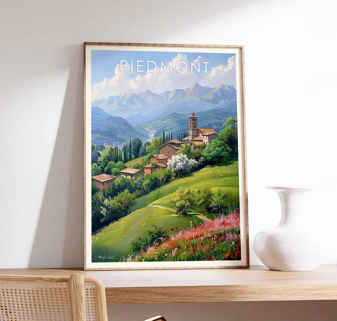 Piedmont Italy Rolling Green Hills Farmhouse Spring Scene Poster