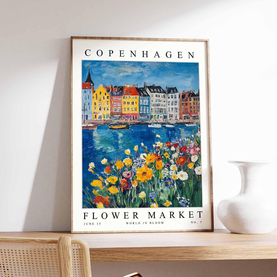 Copenhagen Flower Market No 7 Harbor Boats Wildflower Field Art Poster
