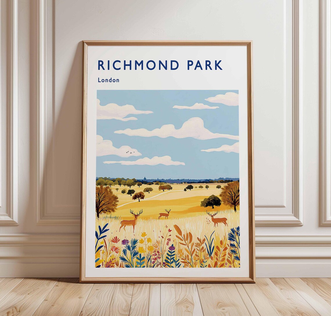 Richmond Park London Deer Golden Meadow Floral Travel Poster