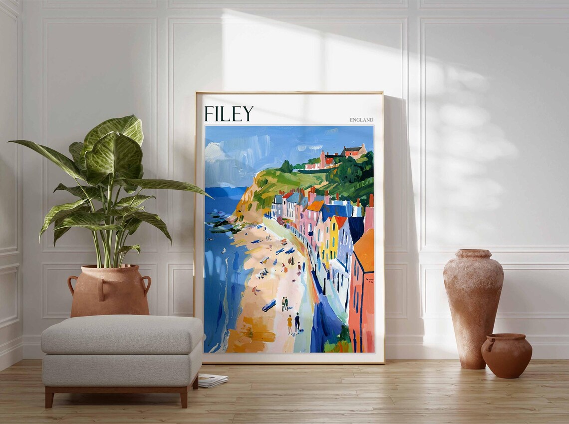 Filey Beach Stroll Colorful Houses Sandy Shore Yorkshire Seaside Poster - Image 3