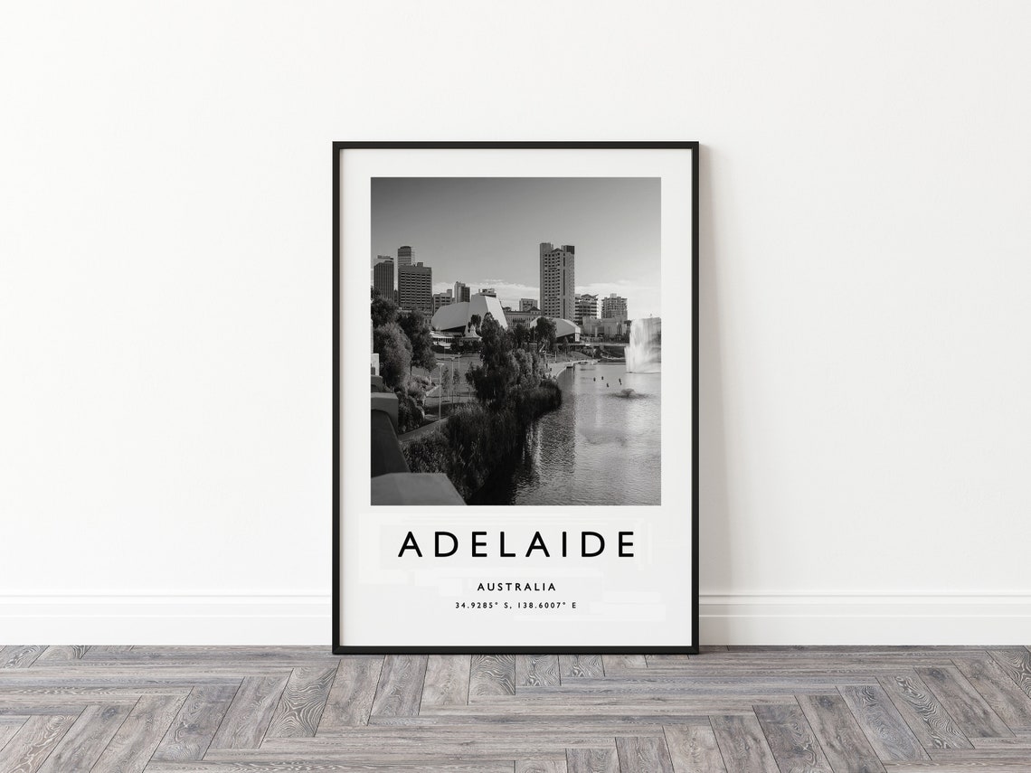 Adelaide Australia Black and White City Skyline Photo Poster - Image 3