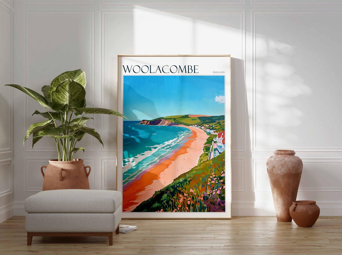 Woolacombe England Long Sandy Beach Cliffs Coastal Travel Poster - Image 2