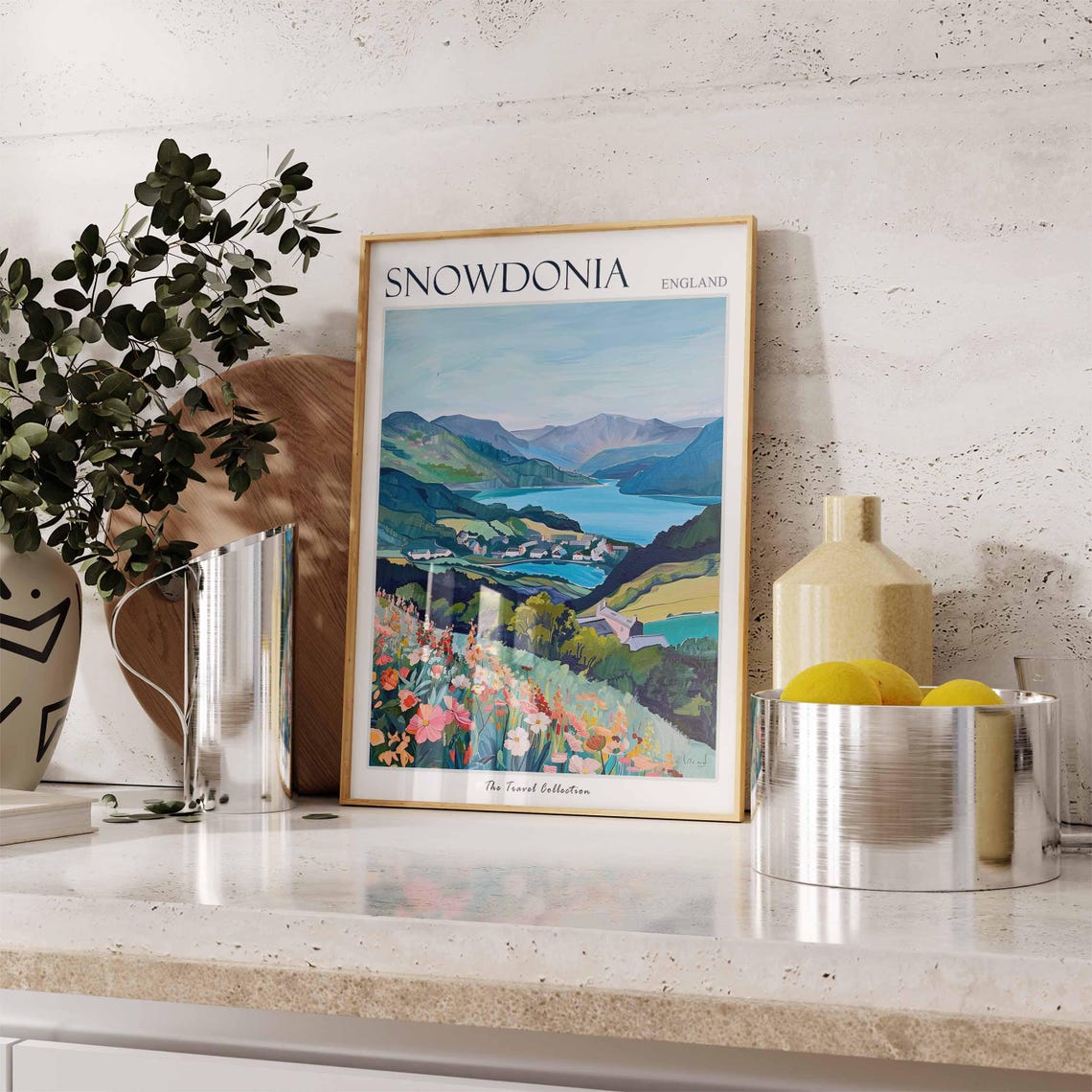 Snowdonia Blue Lake Lakeside Village Wildflower Travel Poster - Image 3