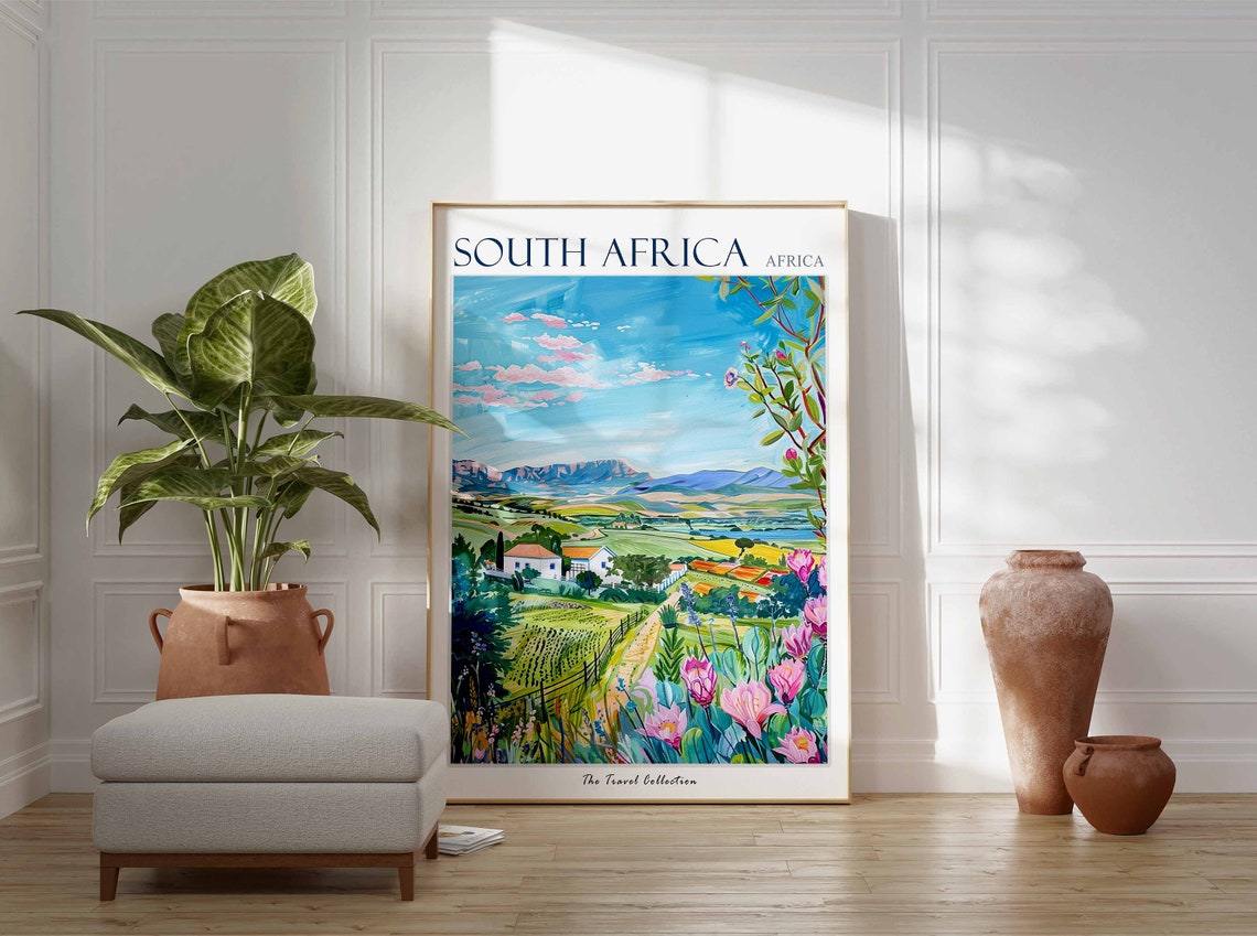 South Africa Vineyard Valley Pink Blossoms Mountain View Poster - Image 2