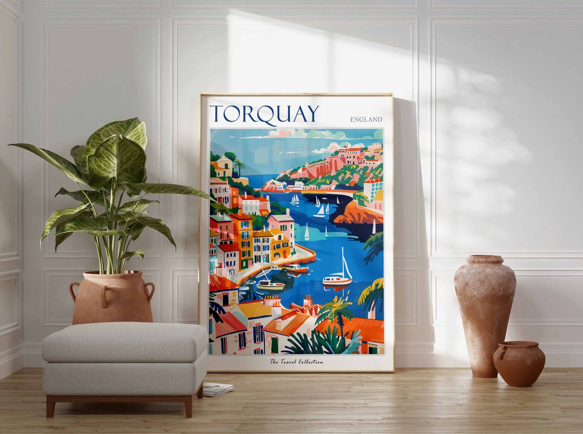Torquay England Colorful Harbor and Sailboat Bay Scene Art Poster - Image 3