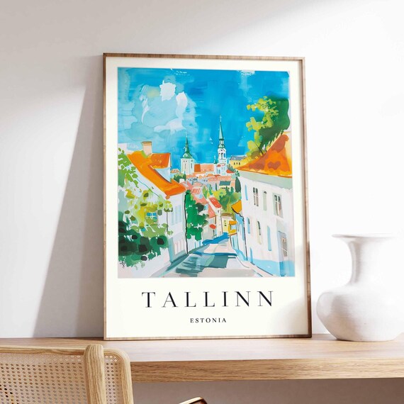 Tallinn Estonia Old Town Lane Church Spires Watercolor Art Poster