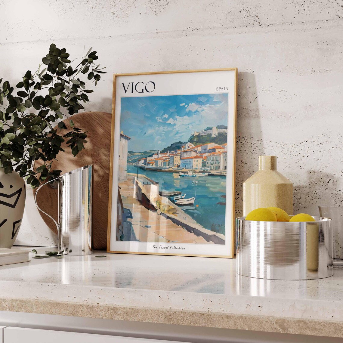 Vigo Spain Harbor Boats Hillside Town Fortress Travel Art Poster - Image 3