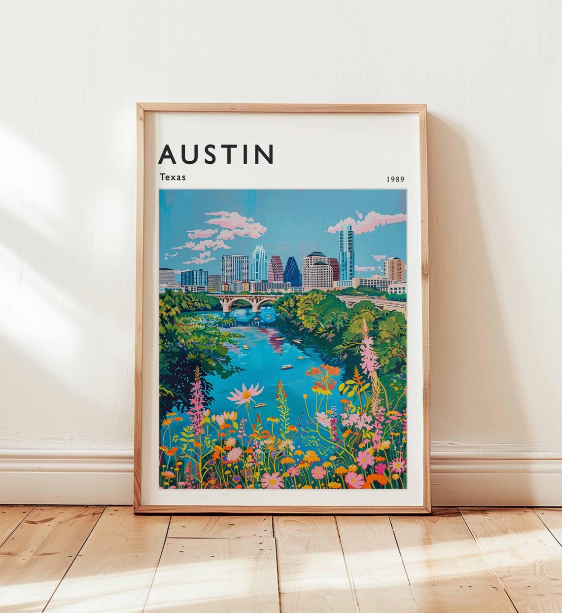Austin Texas 1989 Skyline Wildflower Meadow Bridge Vintage Art Poster