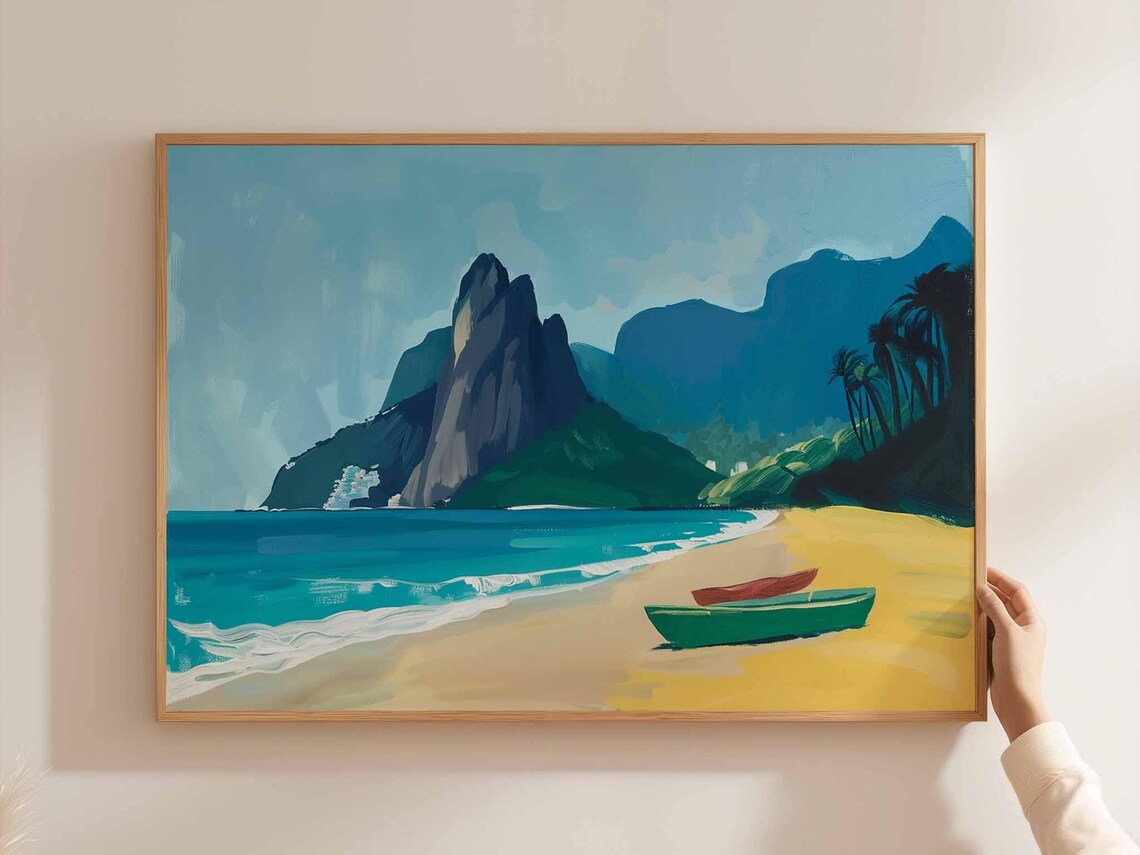 Brazil Beach Fishing Boats Granite Peak Palms Golden Sand Ocean Poster