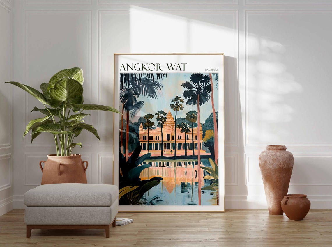 Angkor Wat Cambodia Palm Trees Tropical Temple Water Art Poster - Image 2