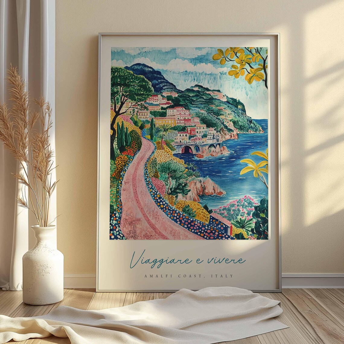 Amalfi Coast Italy Winding Pink Coastal Road Cliff Town Travel Poster - Image 2