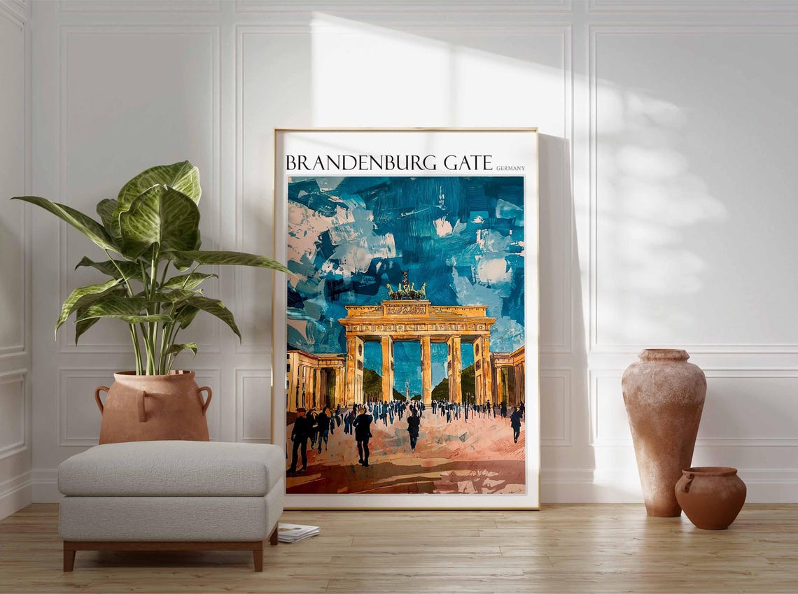 Brandenburg Gate Berlin Crowd Teal Impressionist Painting Poster - Image 2