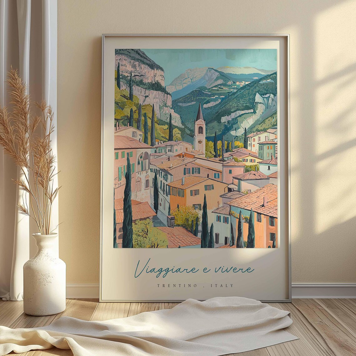 Trentino Italy Village Painting Cypress Trees Church Tower Poster - Image 2