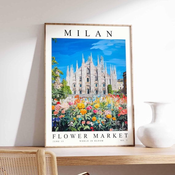 Milan Italy Duomo Flower Market Colorful Botanical Travel Poster