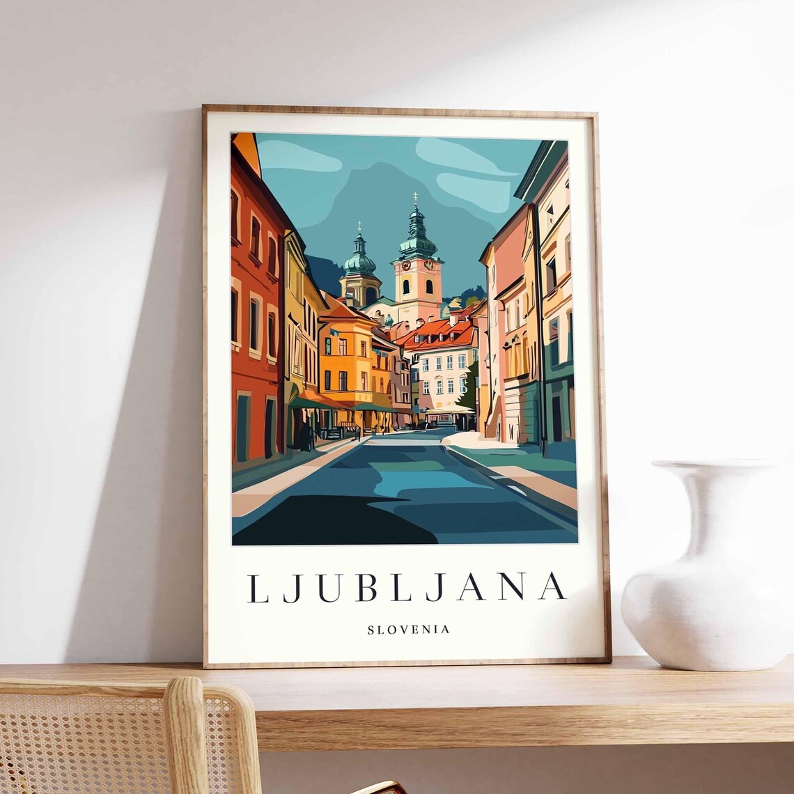 Ljubljana Slovenia Old Town Street Church Towers Colorful Art Poster