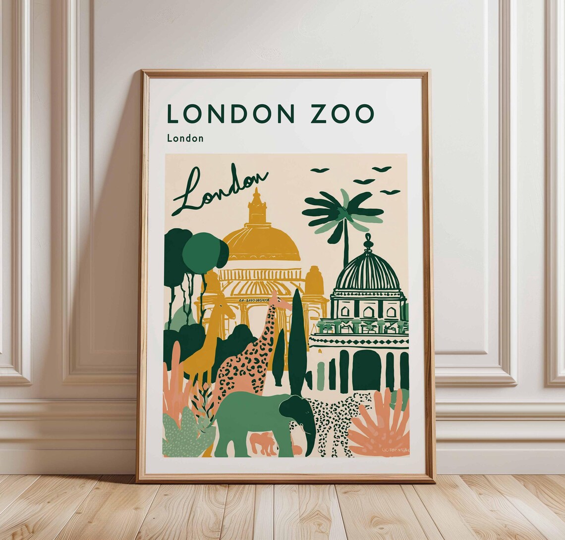 London Zoo Vintage Travel Poster Giraffe Elephant Jungle Art