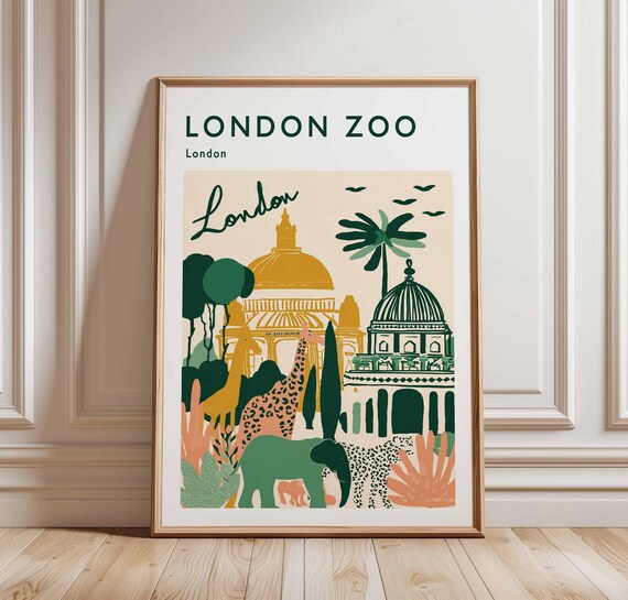London Zoo Vintage Travel Poster Giraffe Elephant Jungle Art