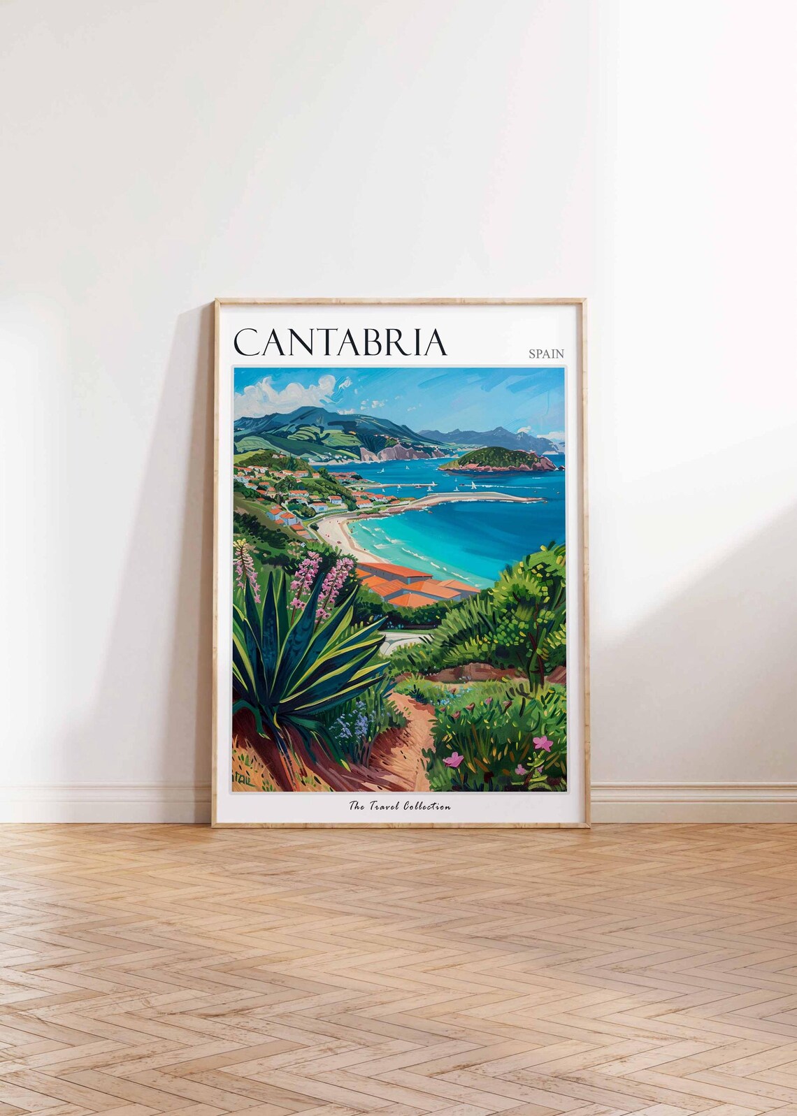 Cantabria Spain Turquoise Coastal Bay Mountains Painted Travel Poster - Image 2