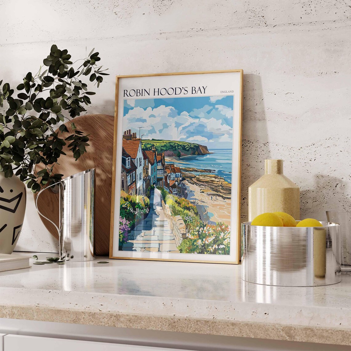 Robin Hood's Bay England Garden Steps Beach Clouds Travel Poster - Image 3