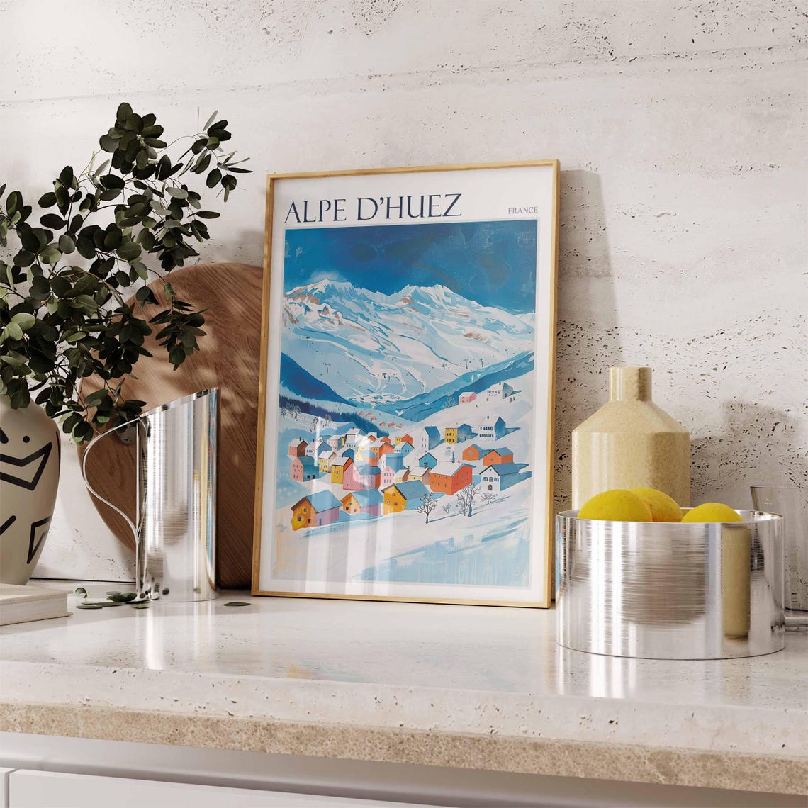 Alpe DHuez France Whimsical Rainbow Chalets Village Under Blue Poster - Image 2