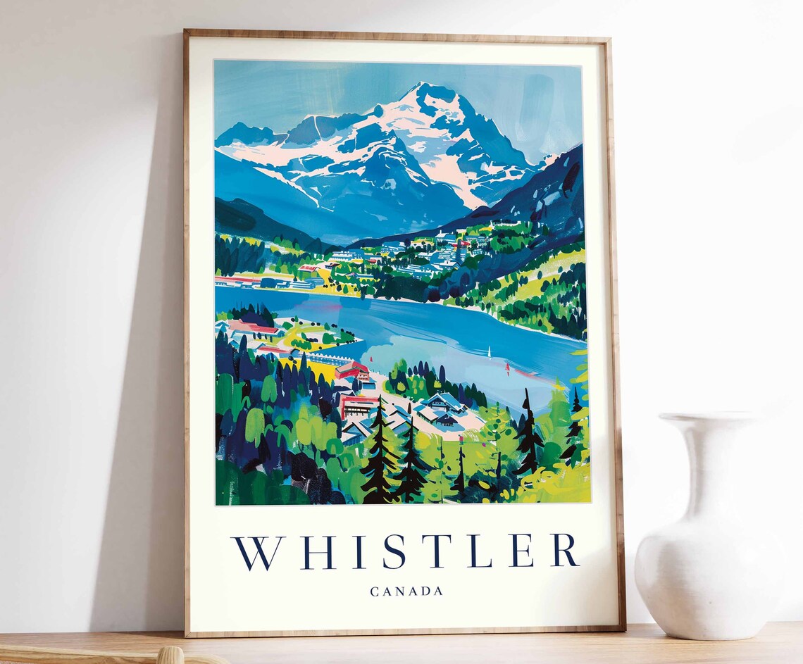Whistler Canada Mountain Lake Village Illustrated Travel Poster