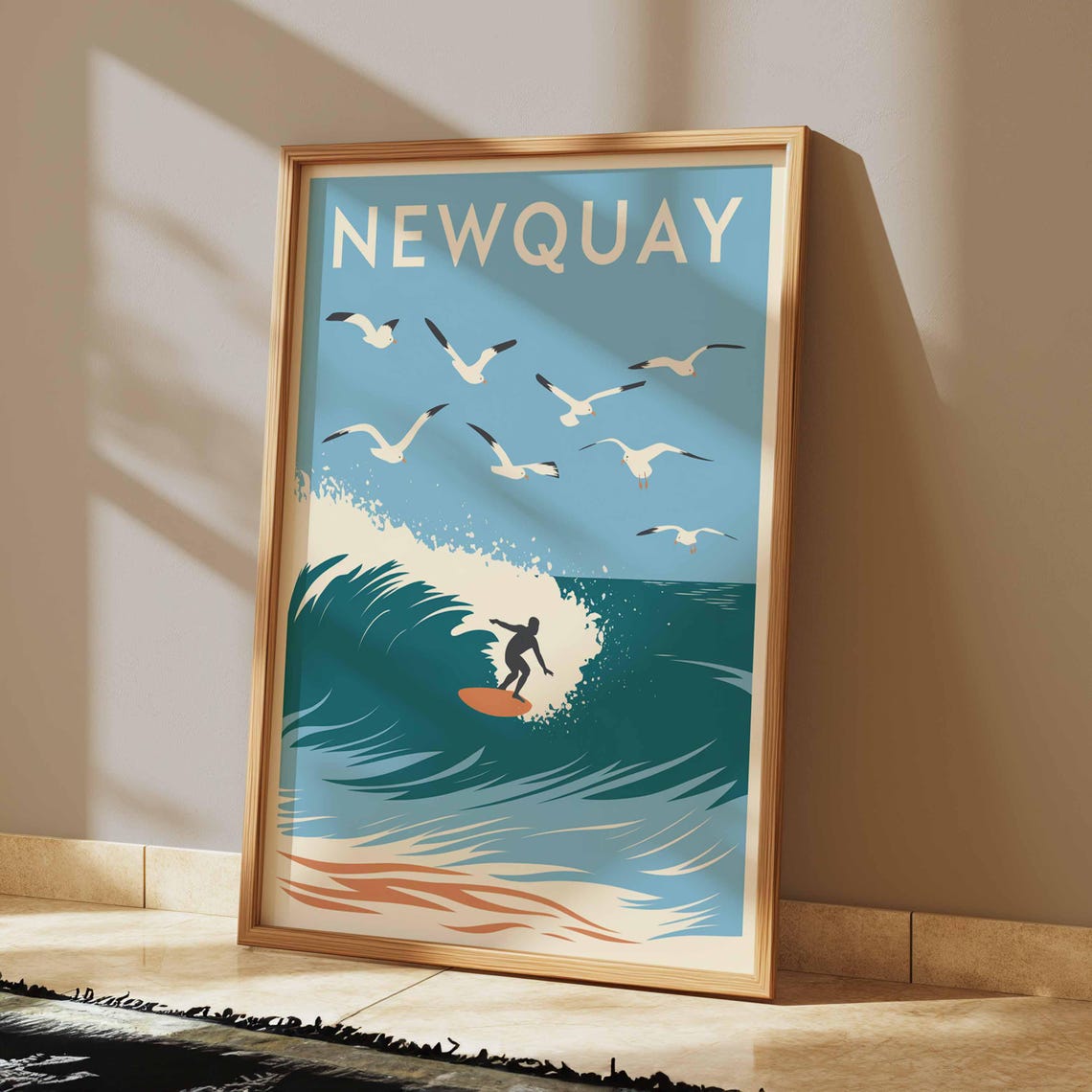 Newquay Surfer Riding Big Wave and Seagulls Retro Beach Poster - Image 2