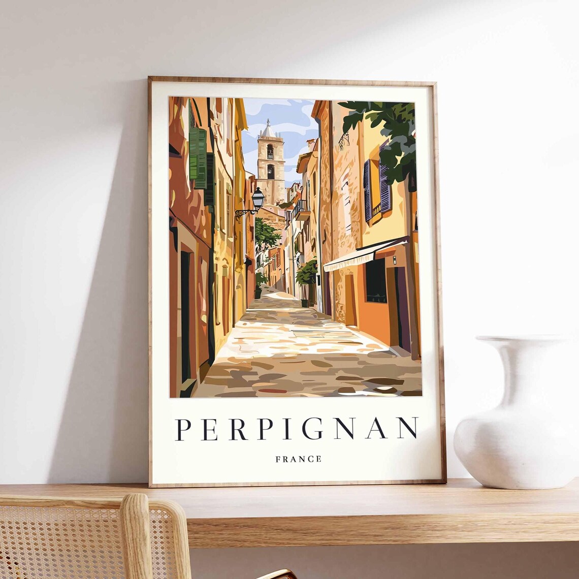 Perpignan France Cobblestone Street Old Town Church Tower Poster
