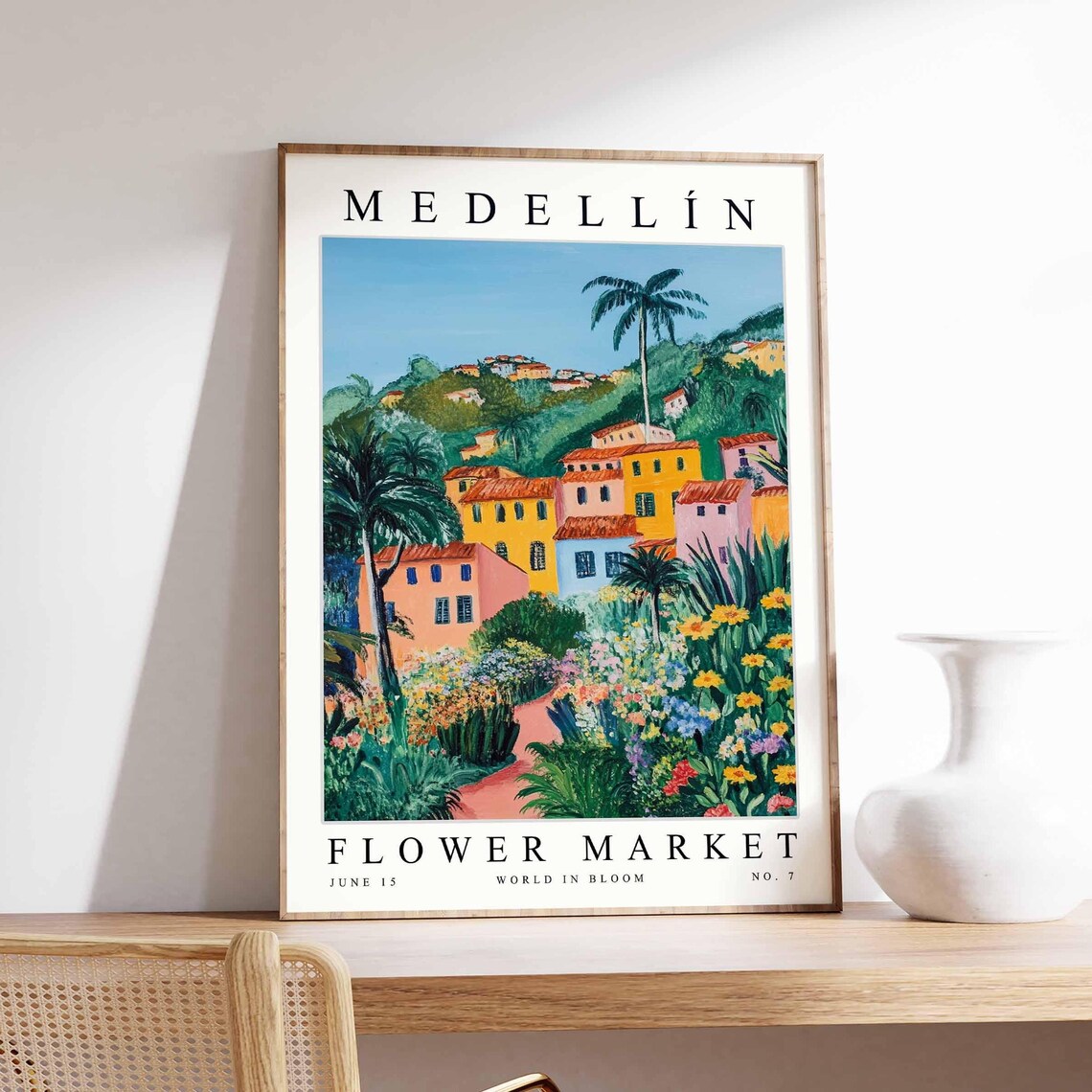 Medellin Colombia Flower Market Poster Pastel Hillside Houses Garden Path