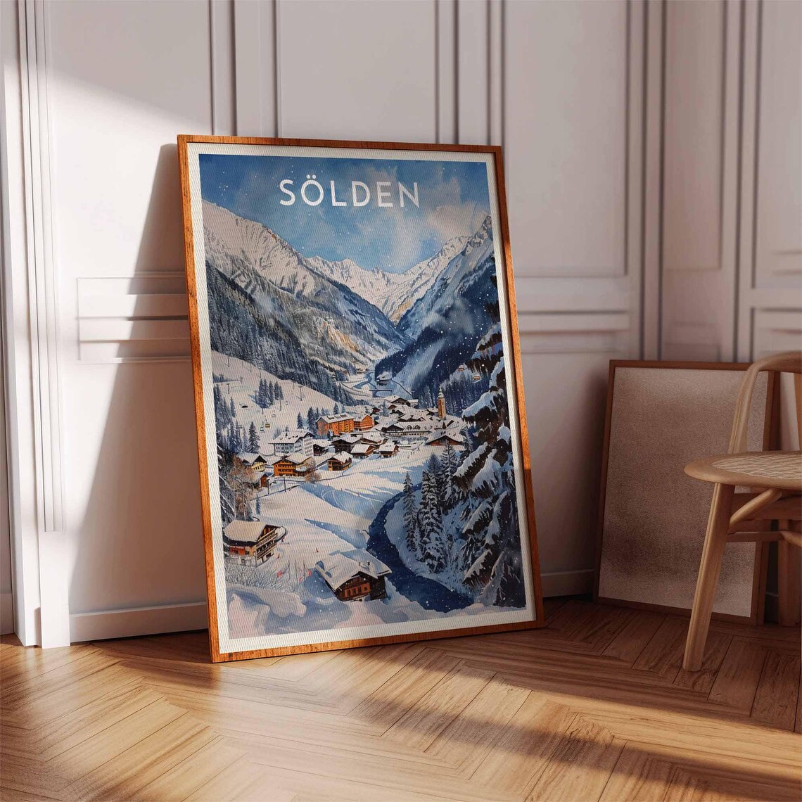 Sölden Austria Watercolor Valley Town and Chairlifts Alpine Poster - Image 3