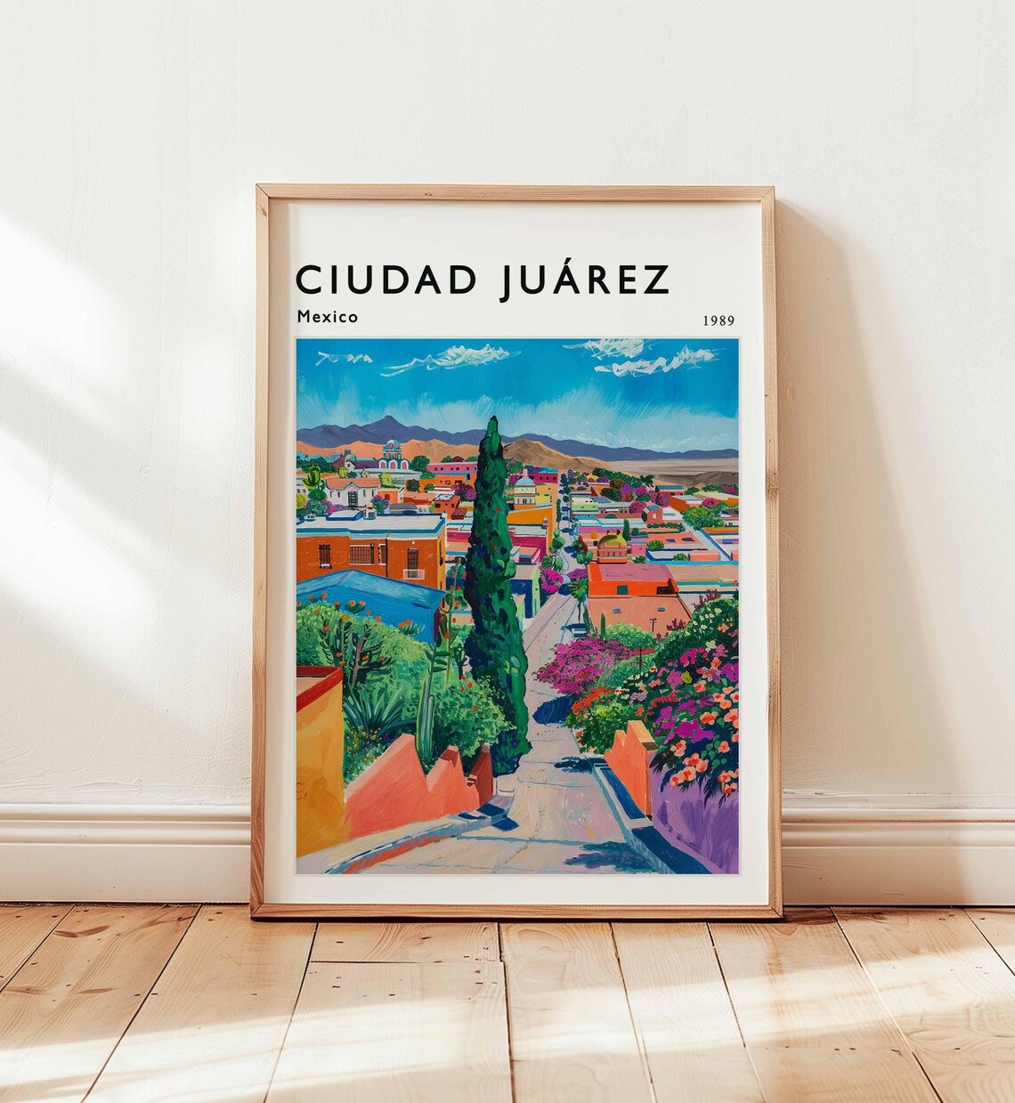 Ciudad Juarez Mexico 1989 Flower Lined Street Watercolor Travel Poster
