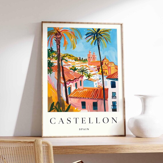 Castellon Spain Palm Trees Terracotta Roofs Painted Travel Poster