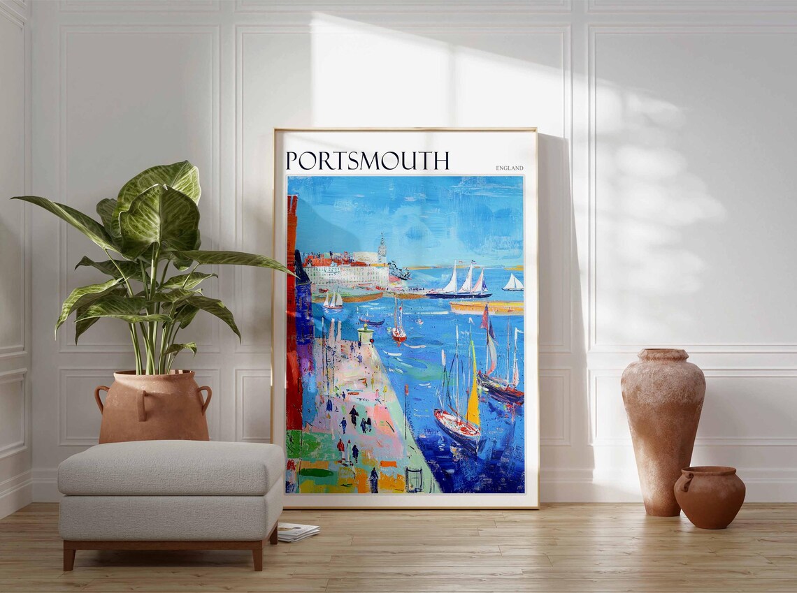 Portsmouth England Waterfront Sailboats Promenade Crowd Poster - Image 3