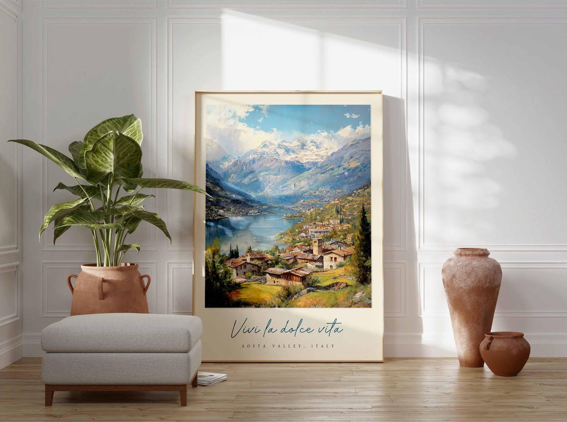 Aosta Valley Lakeside Village Snow Mountains Impressionist Poster - Image 3