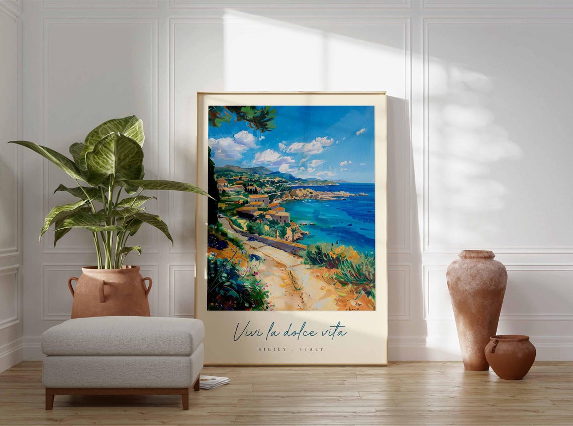 Sicily Italy Coastal Path Above Blue Bay Wildflowers Travel Poster - Image 3