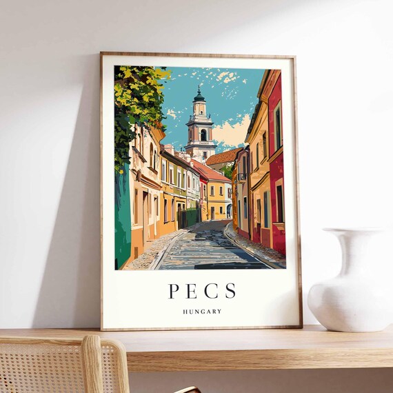Pecs Hungary Colorful Curved Cobbled Street Bell Tower Poster