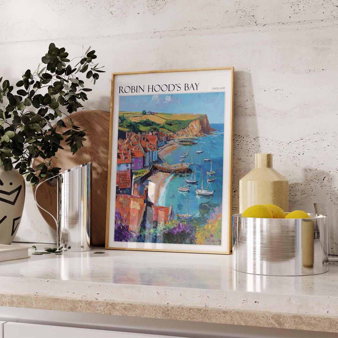 Robin Hood's Bay England Impasto Rooftops Sailboats Artwork Poster - Image 3