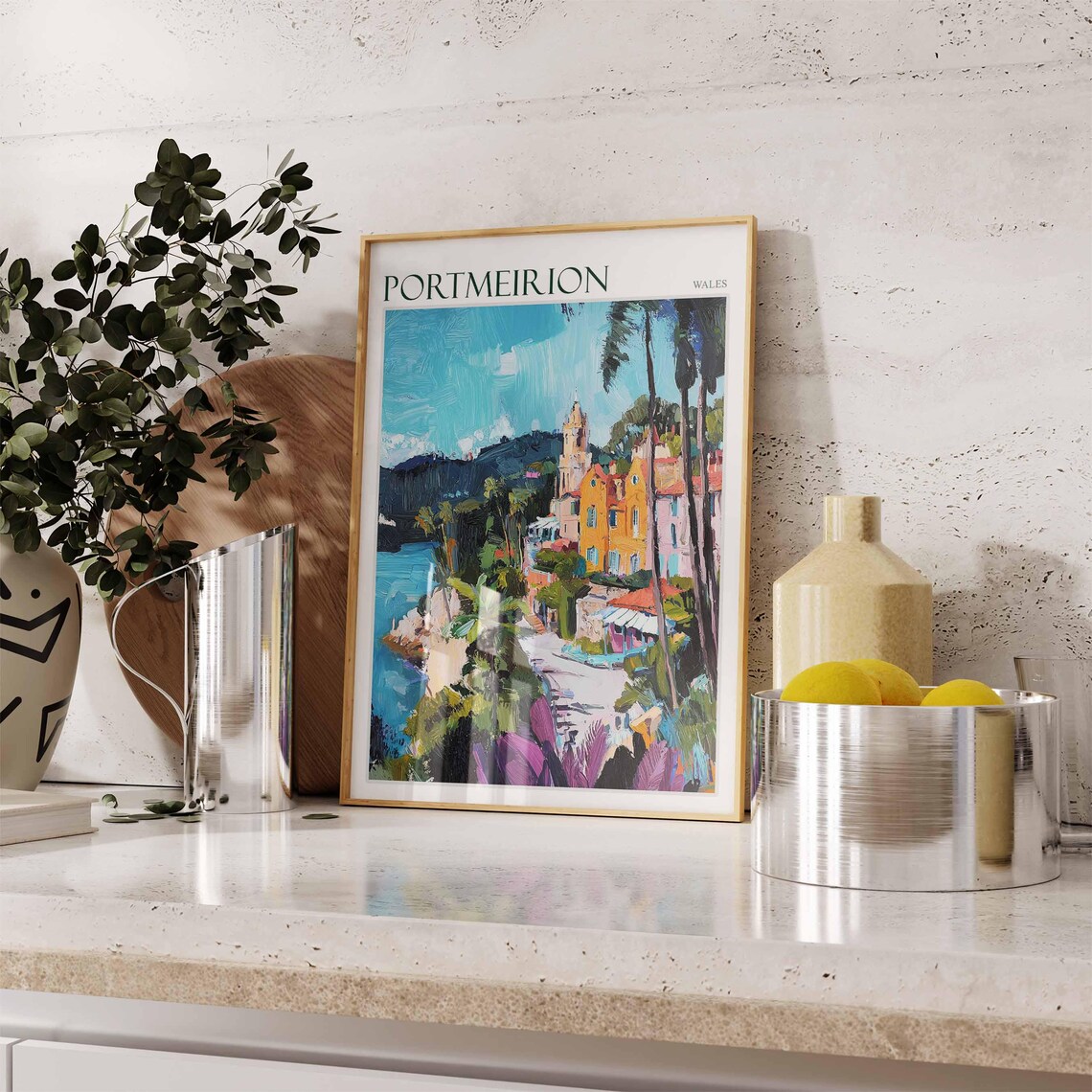Portmeirion Wales Impressionist Shore Palms Teal Sea Art Poster - Image 3